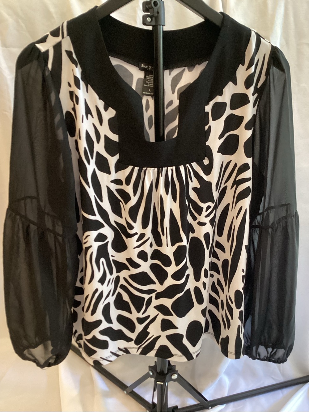 Bay Studio Black & White Animal-Print Blouse with Sheer Black Sleeves